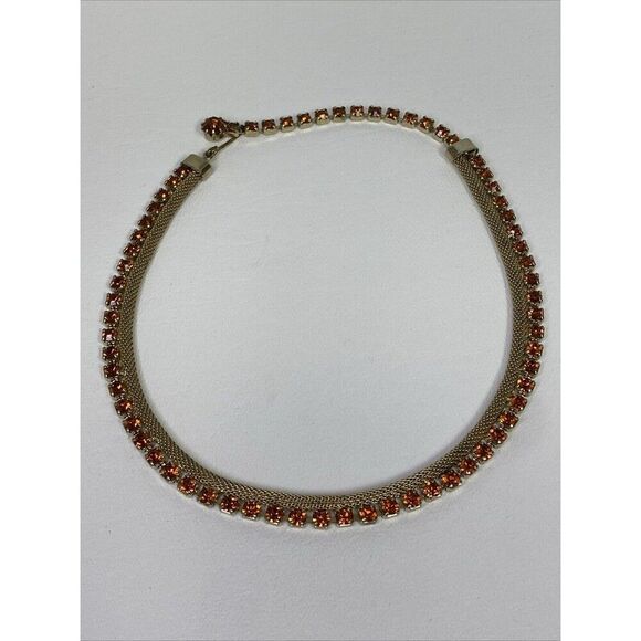 Weiss Gold Tone Mesh Amber Orange Rhinestone Necklace & Bracelet Set Vintage - Picture 6 of 16